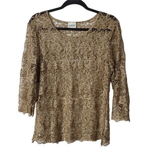 Bedford Fair Women's Elegant Gold Lace Blouse Size Large
